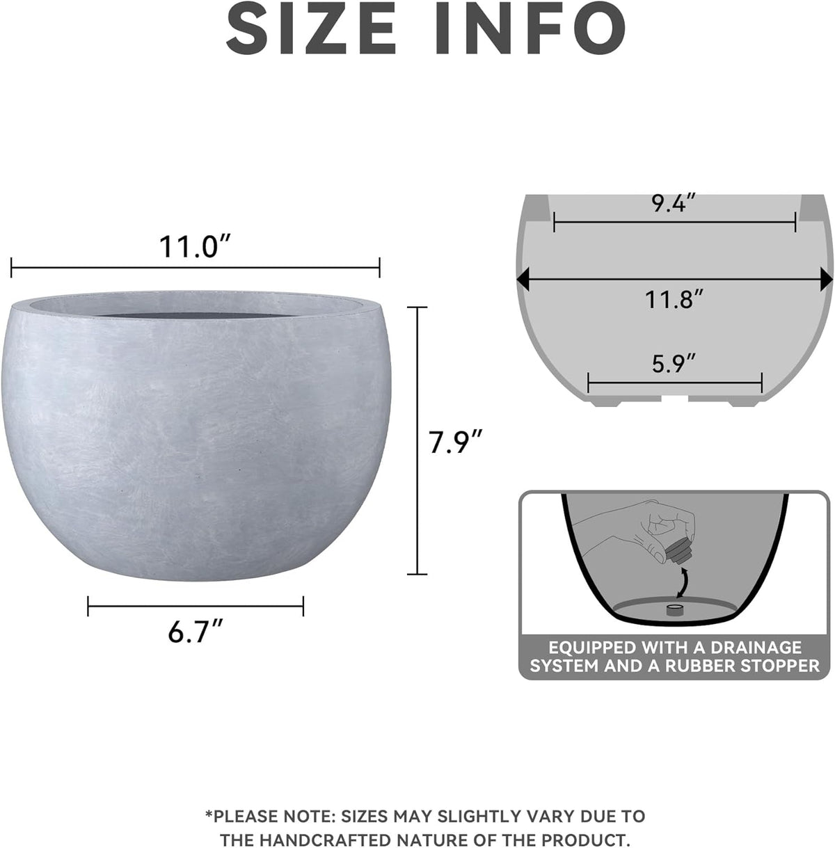 Large Round Bowl Vintage BRN Concrete Planter 19.9" Dia, Outdoor