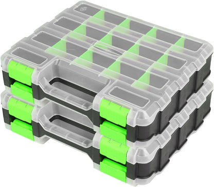 Jack Boss Tool Box with Transparent Lid, Double Side 34-Compartments Organizer Box with Removable Dividers for Hardware, Screws, Bolts, Nails, Beads, Jewelry and Fishing Accessories, Orange, 2 Pack