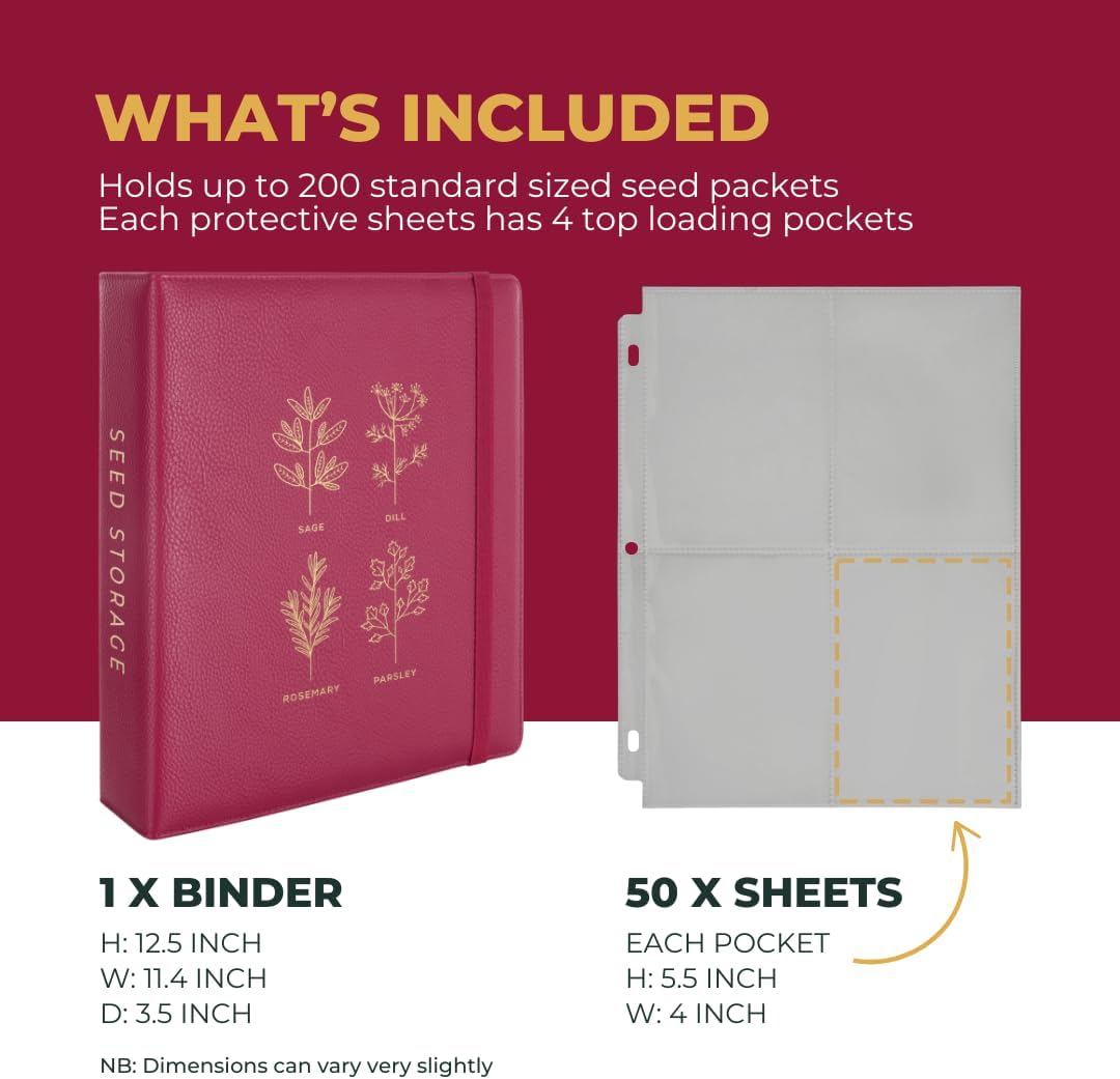 WILDGOOSE Seed Storage Organizer Binder - Seed Packet Organizer with 50 Pack Sheet Protectors That Stores 200 Seed Envelopes. (Blue)