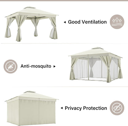 10x20 Gazebo Canopy with 100FT String Lights, Metal Heavy Duty Patio Canopy Tent with Double Roofs, Mosquito Nettings and Privacy Screens for Backyard, Garden, Lawn, Gray