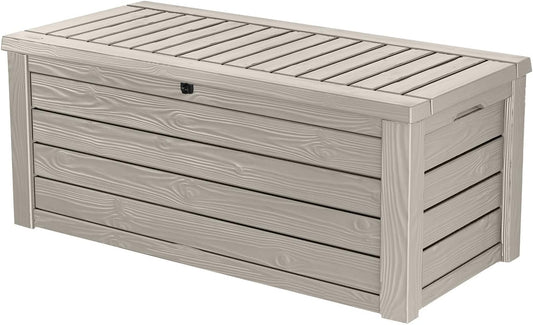 Keter 150 Gallon Resin Large Deck Box Organization and Storage Box for Patio, Outdoor Cushions, Garden Tools, Brown