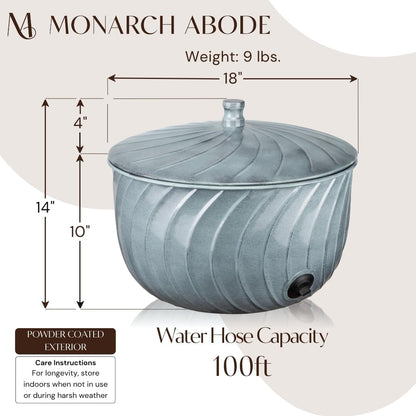 Monarch Abode Garden Hose Holder with Lid – Decorative Water Hose Holders for Outside, Wave Embossed Metal Matte Black Pot with Drainage, 100ft Waterhose Holder for Outside, Garden Storage Caddy