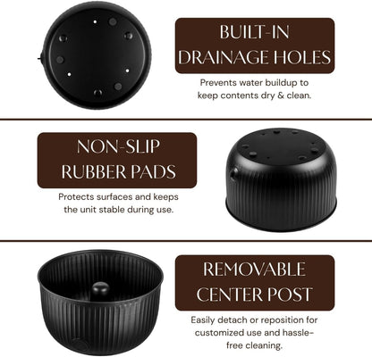 Monarch Abode Garden Hose Holder with Lid – Decorative Water Hose Holders for Outside, Ridge Embossed Metal Matte Black Pot with Drainage, 100ft Waterhose Holder for Outside, Garden Storage Caddy
