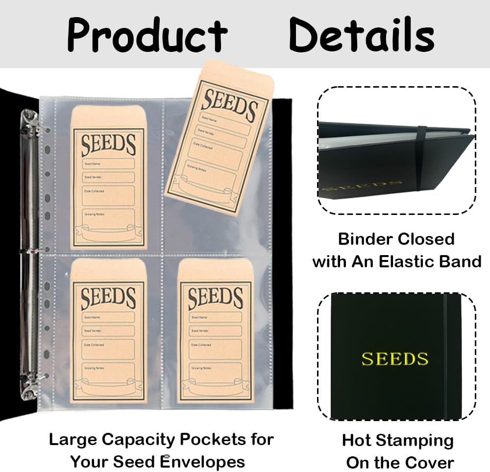 Seed Storage Organizer Binder, 3 Ring Seed Packet Organizer with 100 Pockets(25 Pack Clear Sheet Protectors), Garden Seed Holder Book for Envelopes, Seed Saving Keeper, Green