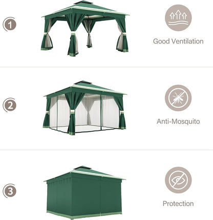 10x20 Gazebo Canopy with 100FT String Lights, Metal Heavy Duty Patio Canopy Tent with Double Roofs, Mosquito Nettings and Privacy Screens for Backyard, Garden, Lawn, Gray