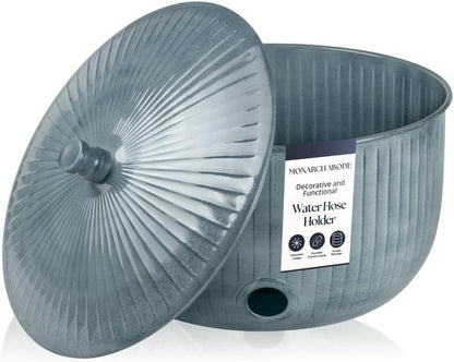 Monarch Abode Garden Hose Holder with Lid – Decorative Water Hose Holders for Outside, Ridge Embossed Metal Matte Black Pot with Drainage, 100ft Waterhose Holder for Outside, Garden Storage Caddy