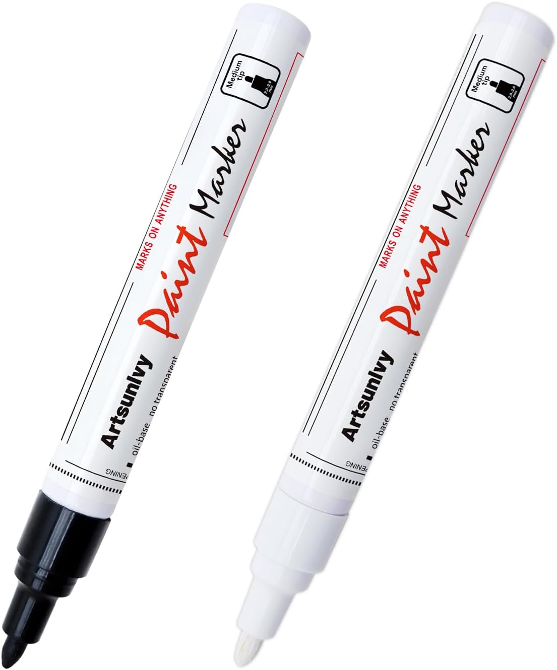 Artsunlvy White Paint Pens marking pens Permanent Markers - 2 Pack Oil Based Waterproof Markers for Tire, Rubber,Wood, Rocks, Metal, Canvas,Plastic, Dark Surface,Craft office Supplies,Medium Point