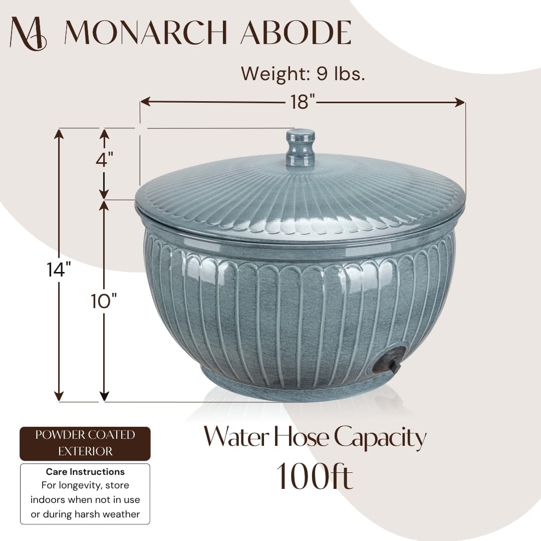 Monarch Abode Garden Hose Holder with Lid – Decorative Water Hose Holders for Outside, Arch Embossed Metal Patina Pot with Drainage, 100ft Waterhose Holder for Outside, Garden Storage Caddy
