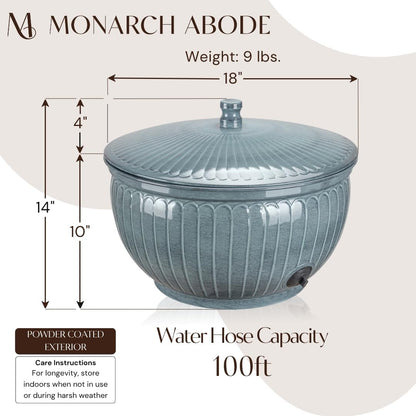 Monarch Abode Garden Hose Holder with Lid – Decorative Water Hose Holders for Outside, Arch Embossed Metal Patina Pot with Drainage, 100ft Waterhose Holder for Outside, Garden Storage Caddy
