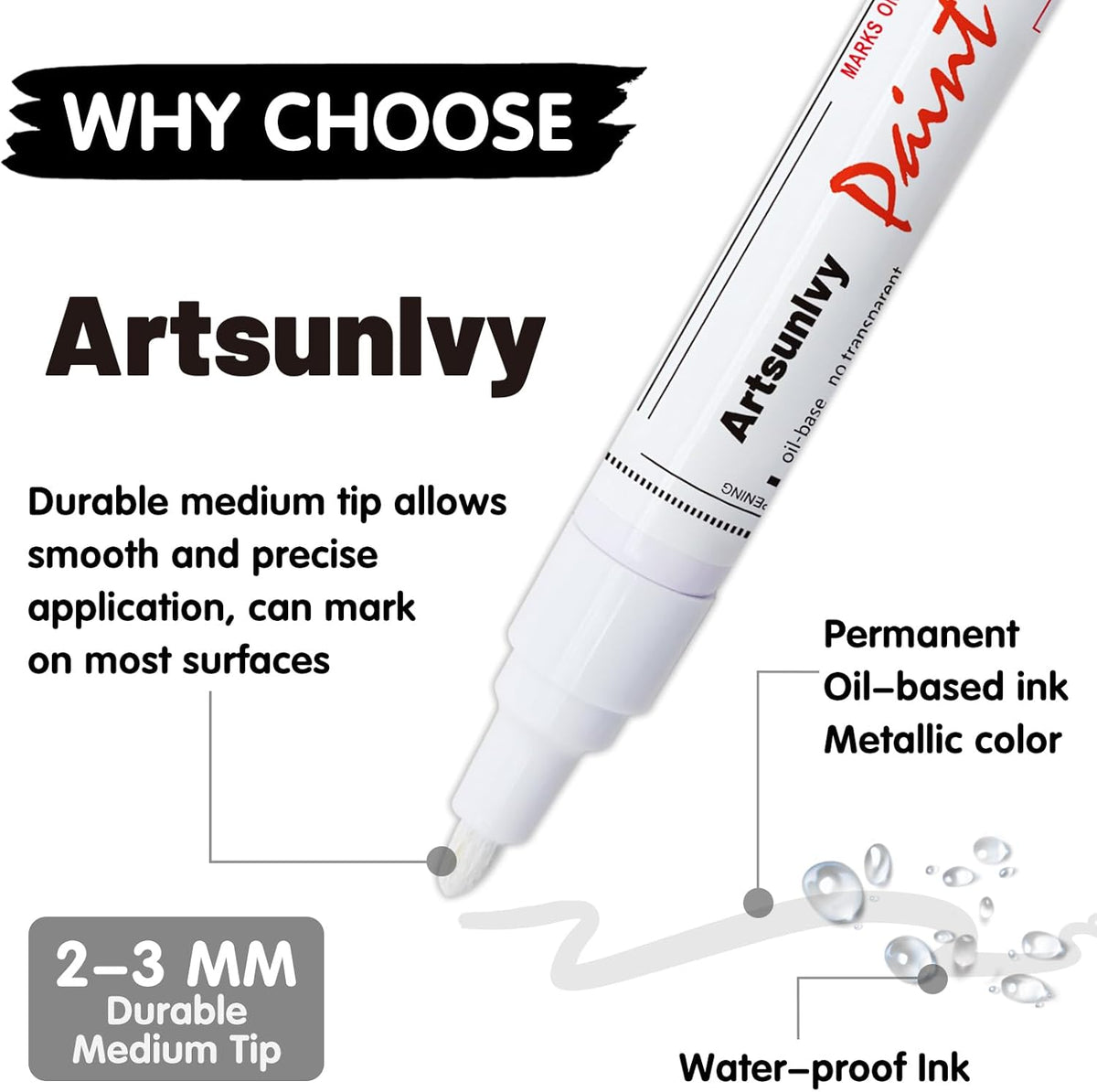 Artsunlvy White Paint Pens marking pens Permanent Markers - 2 Pack Oil Based Waterproof Markers for Tire, Rubber,Wood, Rocks, Metal, Canvas,Plastic, Dark Surface,Craft office Supplies,Medium Point