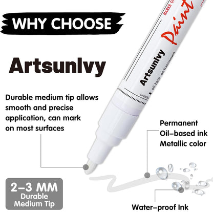 Artsunlvy White Paint Pens marking pens Permanent Markers - 2 Pack Oil Based Waterproof Markers for Tire, Rubber,Wood, Rocks, Metal, Canvas,Plastic, Dark Surface,Craft office Supplies,Medium Point