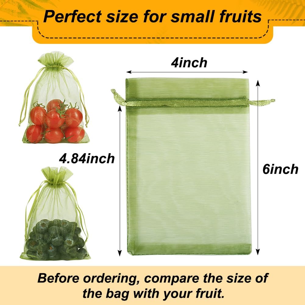 Shintop 100Pcs Fruit Protection Bags, 4x6 Inch Green Strawberry Netting Cover Drawstring Mesh Bags Pest Barrier for Blueberry Small Fruit