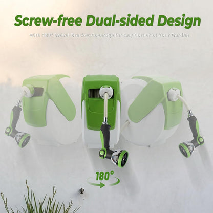 Retractable Garden Hose Reel, 1/2 inch x 50ft Wall Mounted Heavy Duty Hose Reel with Auto Rewind System, 180° Swivel Bracket, Any Length Lock, 10-Pattern Garden Hose Nozzle