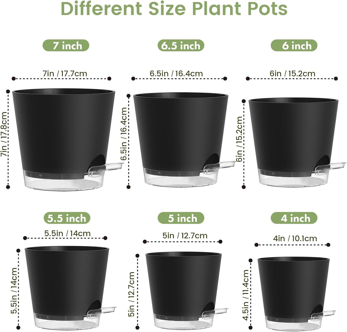 Meowell Self Watering Pots Pack of 6 – Different Size 4" to 7" Indoor Plant Pots with Drainage Holes and Clear Reservoir for Visible Water Level, Plastic Wicking Planters for House Plants, White