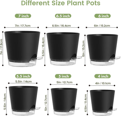 Meowell Self Watering Pots Pack of 6 – Different Size 4" to 7" Indoor Plant Pots with Drainage Holes and Clear Reservoir for Visible Water Level, Plastic Wicking Planters for House Plants, White