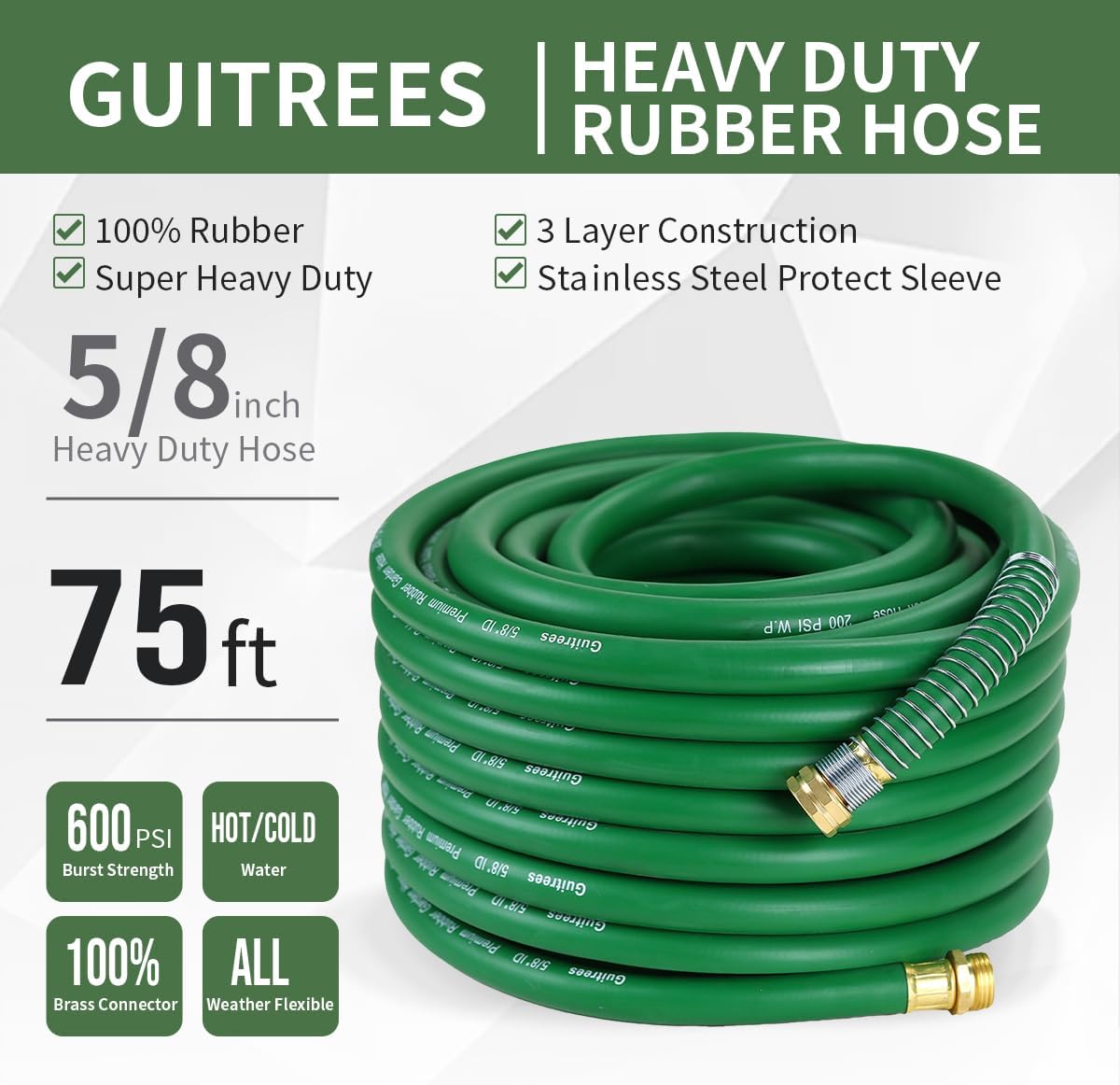 Guitrees Leader Garden Hose 10ft x 5/8", Heavy Duty Short Water Hose, Female to Female Fittings, Five Layered Braiding for Durability, 1000PSI Burst, 300PSI Working (Black) - Colors B