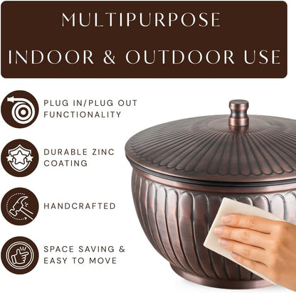 Monarch Abode Garden Hose Holder with Lid – Decorative Water Hose Holders for Outside, Arch Embossed Metal Patina Pot with Drainage, 100ft Waterhose Holder for Outside, Garden Storage Caddy