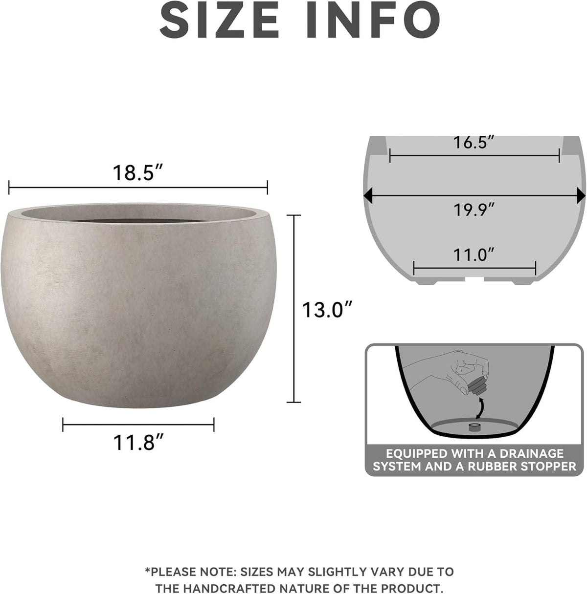 Large Round Bowl Vintage BRN Concrete Planter 19.9" Dia, Outdoor