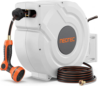 NEOTEC 115ft 5/8" Retractable Garden Hose Reel with Auto Rewind Any Length Lock Heavy Duty Hose Reel,9-Pattern Nozzle,180°Swivel,UV Resistant Wall Mount Hose Reel for Outdoor Garden, Car, Patio