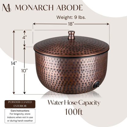 Monarch Abode Garden Hose Holder with Lid – Decorative Water Hose Holders for Outside, Hand Hammered Metal Matte Black Pot with Drainage, 100ft Waterhose Holder for Outside, Garden Storage Caddy