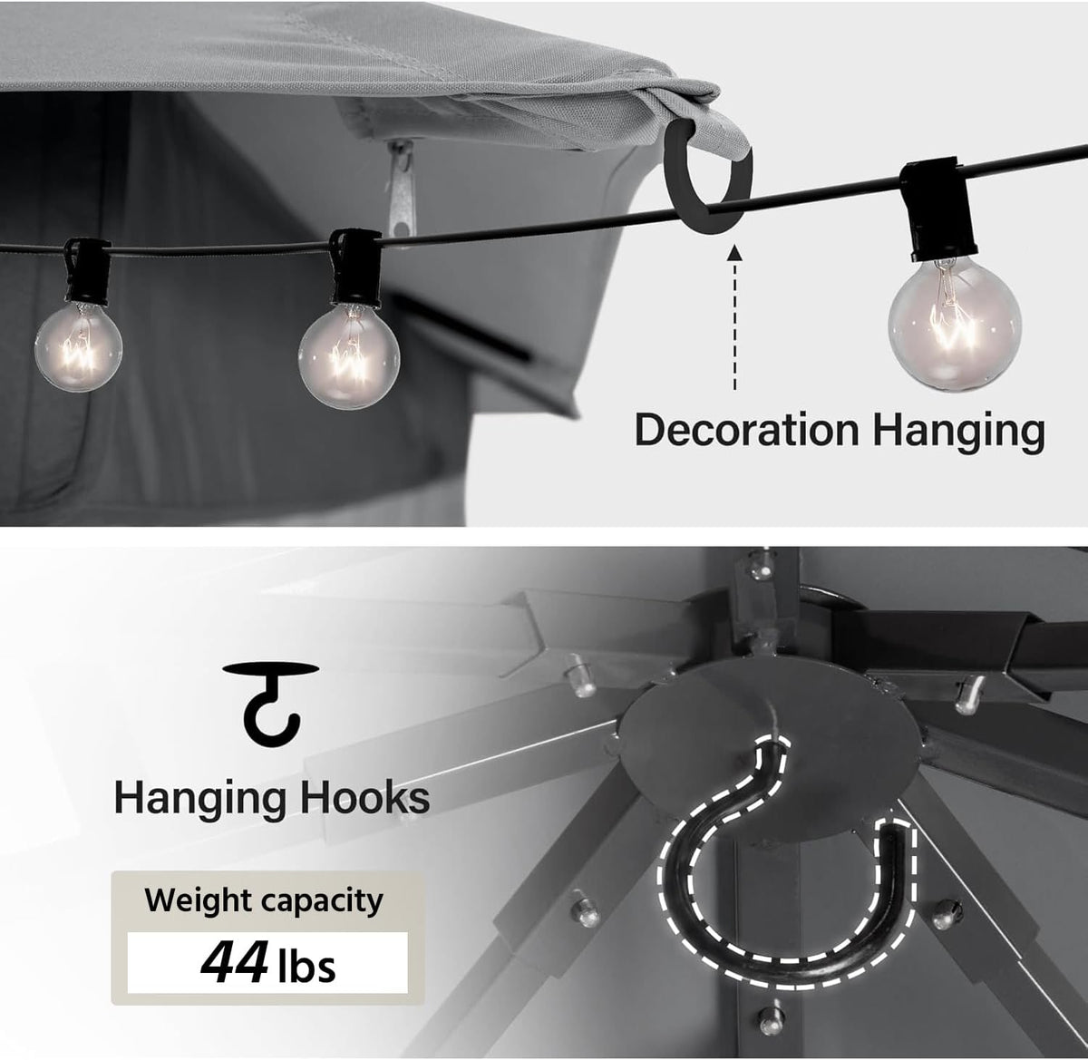 10x20 Gazebo Canopy with 100FT String Lights, Metal Heavy Duty Patio Canopy Tent with Double Roofs, Mosquito Nettings and Privacy Screens for Backyard, Garden, Lawn, Gray