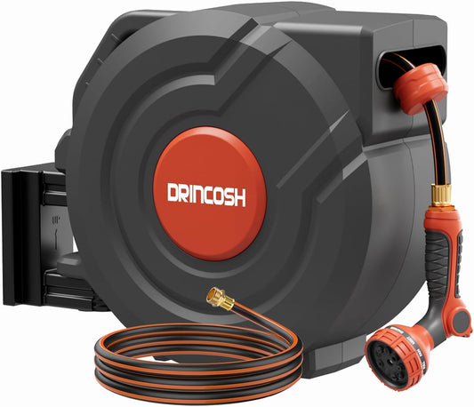Retractable Garden Hose Reel 90 ft 5/8 inch Automatic Rewind with Any-Length Lock 9 Pattern Nozzle Sprayer 180° Swivel Wall-Mounted Hose Reel for Home Yards