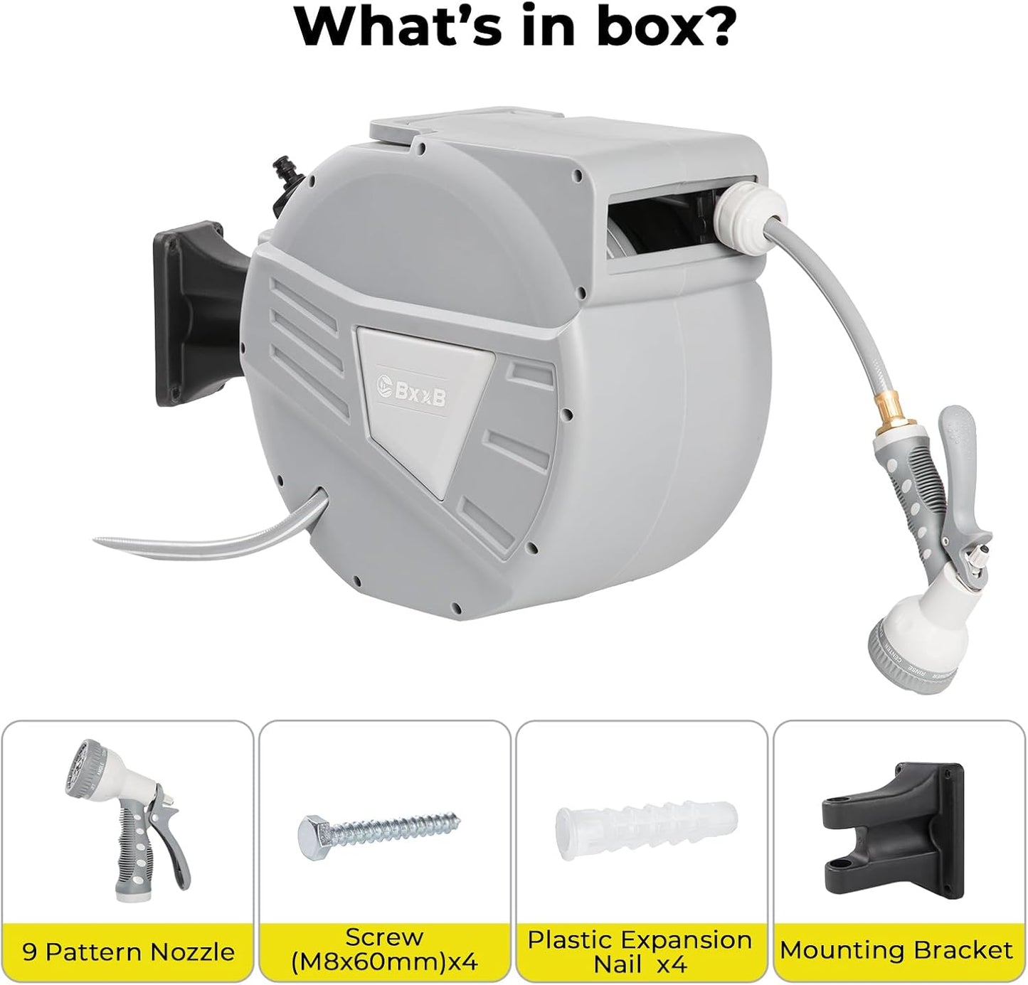 Retractable Garden Hose Reel,1/2 in x 65ft Wall Mounted Hose Reel, Optional Position Lock，Slow-Retract System，Wall Mounted，180°Swivel Bracket，Light Grey