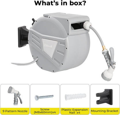 Retractable Garden Hose Reel,1/2 in x 65ft Wall Mounted Hose Reel, Optional Position Lock，Slow-Retract System，Wall Mounted，180°Swivel Bracket，Light Grey