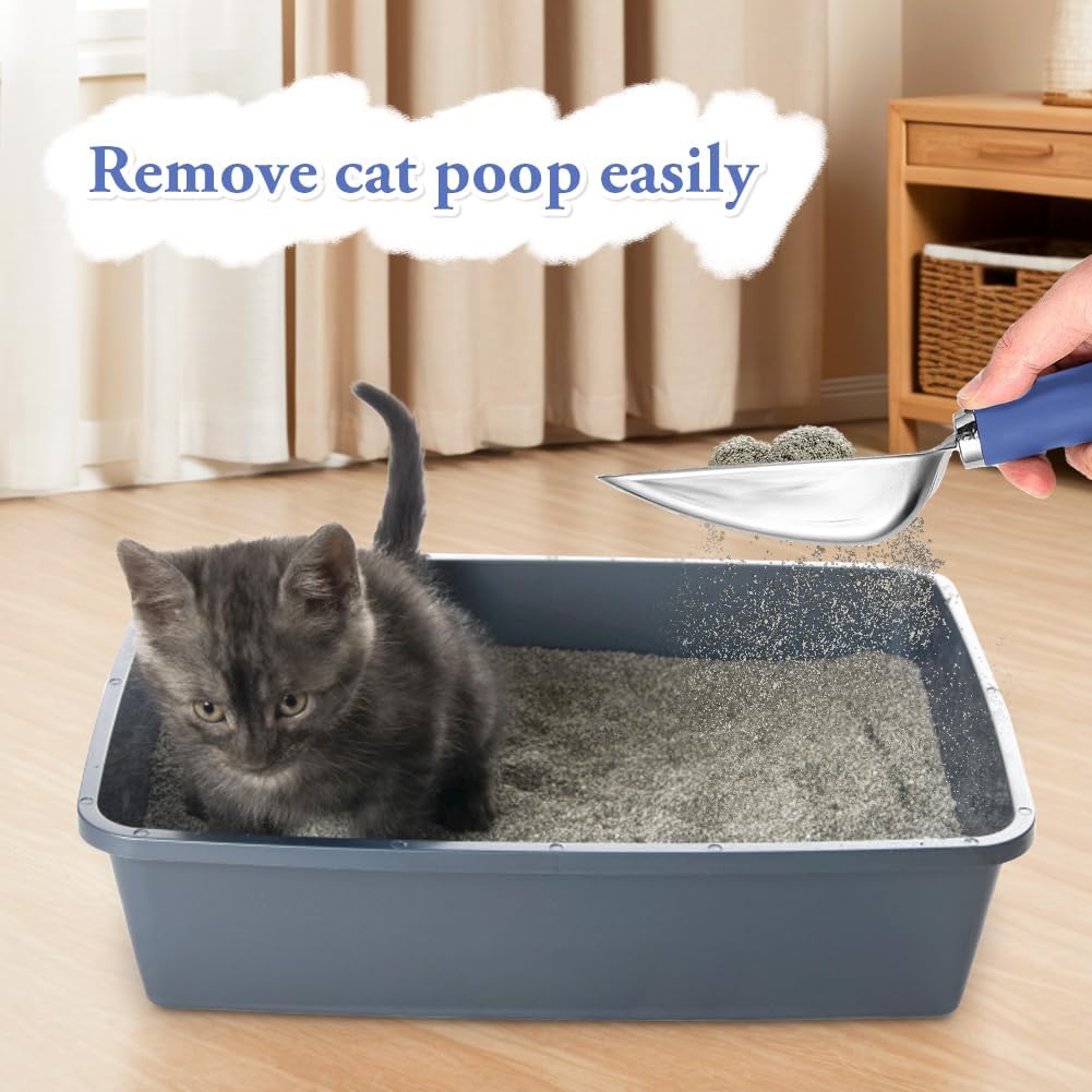 Cat Litter Scoop - Long Handle Scooper, Rustproof Stainless Steel Mesh, Non-Slip Grip, Deep Shovel Sifter for All Litter Types, Easy Clean Kitty Waste Litter for Litter Box(Black)