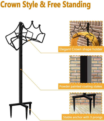 Garbuildman Garden Hose Holder with 3 Spikes, Freestanding Metal Hose Stand for Outdoor Garden, Detachable Hose Storage Rack for Lawn & Yard, Volcano Black
