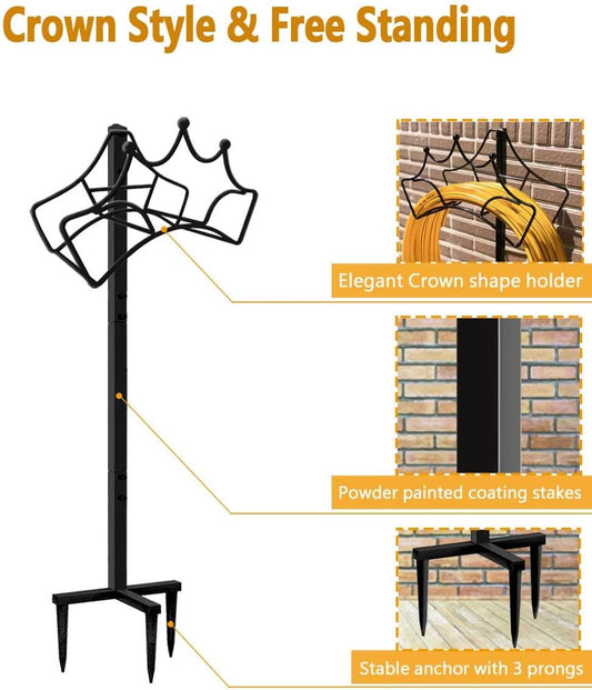 Garbuildman Garden Hose Holder with 3 Spikes, Freestanding Metal Hose Stand for Outdoor Garden, Detachable Hose Storage Rack for Lawn & Yard, Volcano Black