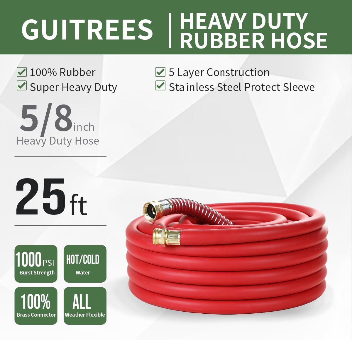 Guitrees Leader Garden Hose 10ft x 5/8", Heavy Duty Short Water Hose, Female to Female Fittings, Five Layered Braiding for Durability, 1000PSI Burst, 300PSI Working (Black) - Colors B