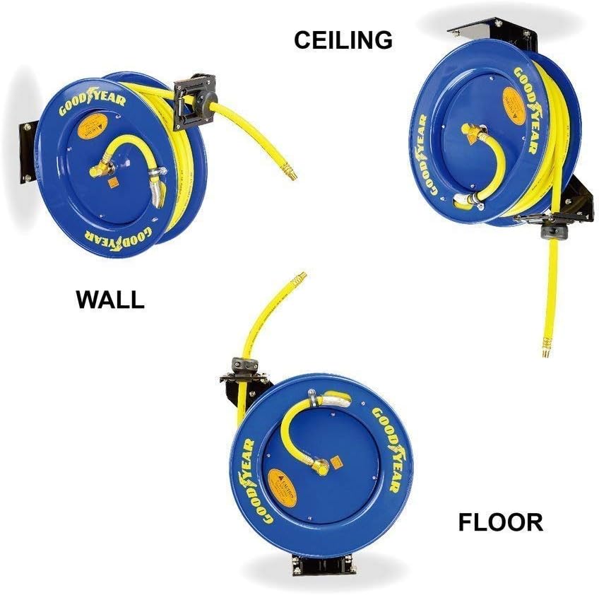 Goodyear Air Hose Reel Retractable 3/8" Inch x 50' Foot SBR Rubber Hose Max 300PSI Heavy Duty Industrial Steel Single Arm Construction