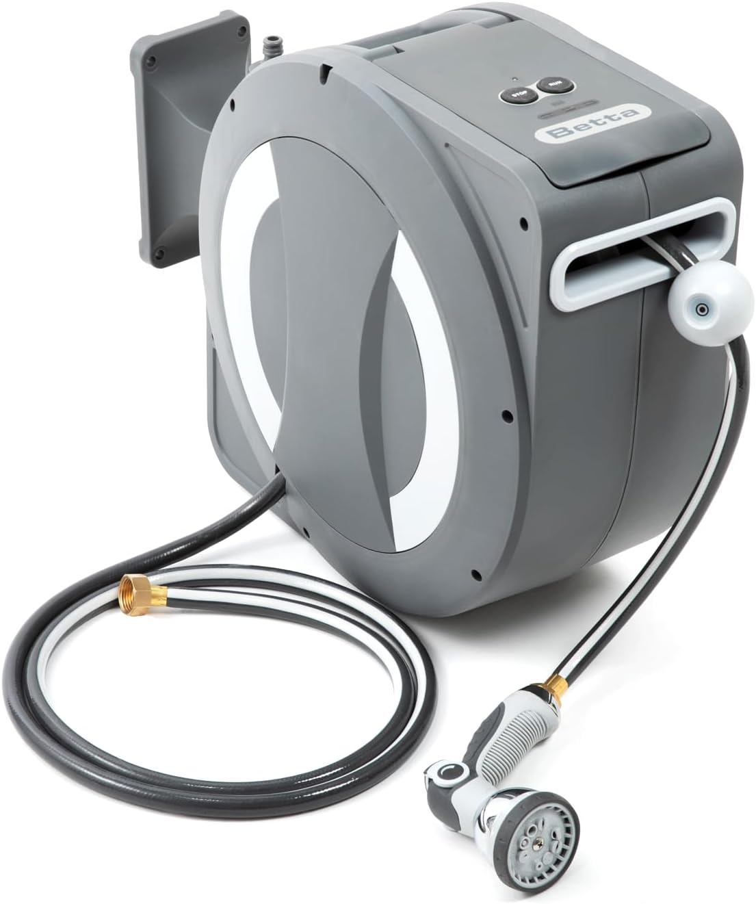 Betta EaseReel Battery-Powered Wall-Mounted Retractable Hose Reel, with Quick-Access Dual Hose Length Control, 8 Spray Patterns Nozzle, Automatic Roll-Up & Tangle-Free Hose Guide (1/2'', 100FT/30m)