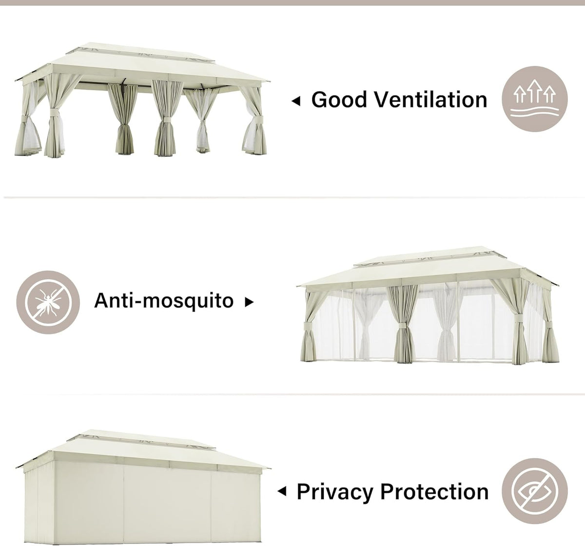 10x20 Gazebo Canopy with 100FT String Lights, Metal Heavy Duty Patio Canopy Tent with Double Roofs, Mosquito Nettings and Privacy Screens for Backyard, Garden, Lawn, Gray
