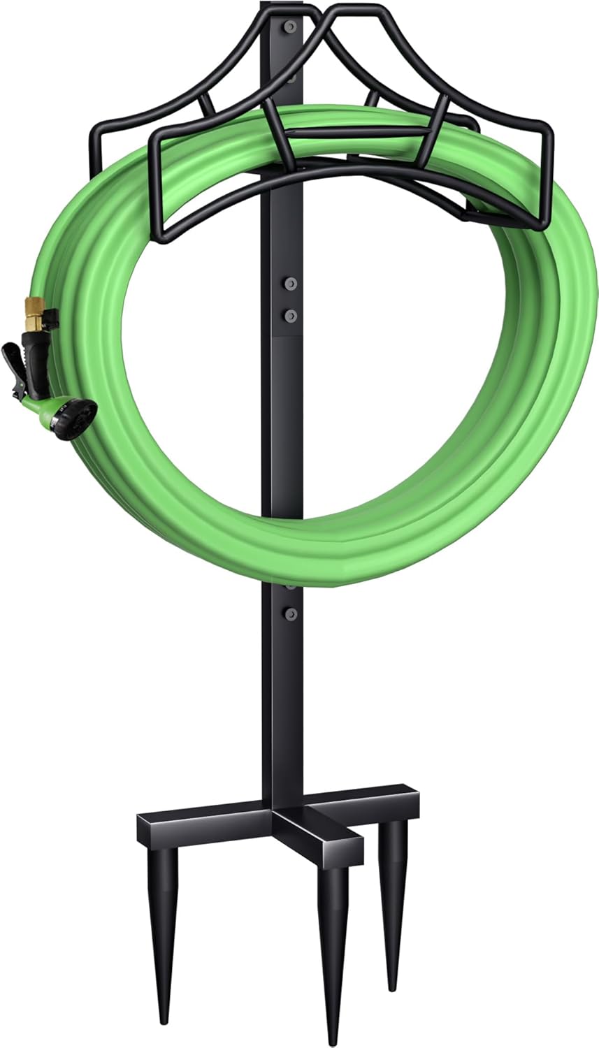 Garbuildman Garden Hose Holder with 3 Spikes, Freestanding Metal Hose Stand for Outdoor Garden, Detachable Hose Storage Rack for Lawn & Yard, Volcano Black