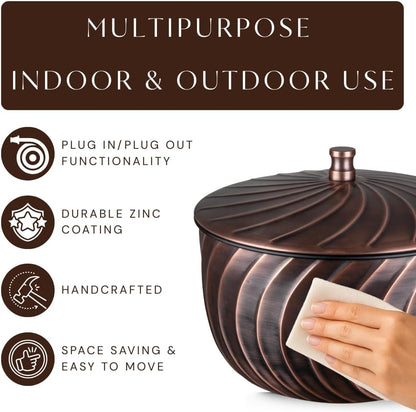Monarch Abode Garden Hose Holder with Lid – Decorative Water Hose Holders for Outside, Wave Embossed Metal Matte Black Pot with Drainage, 100ft Waterhose Holder for Outside, Garden Storage Caddy