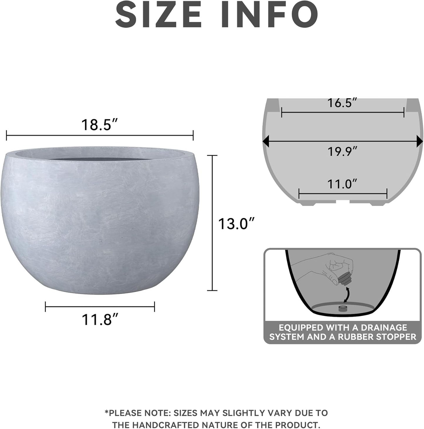 Large Round Bowl Vintage BRN Concrete Planter 19.9" Dia, Outdoor