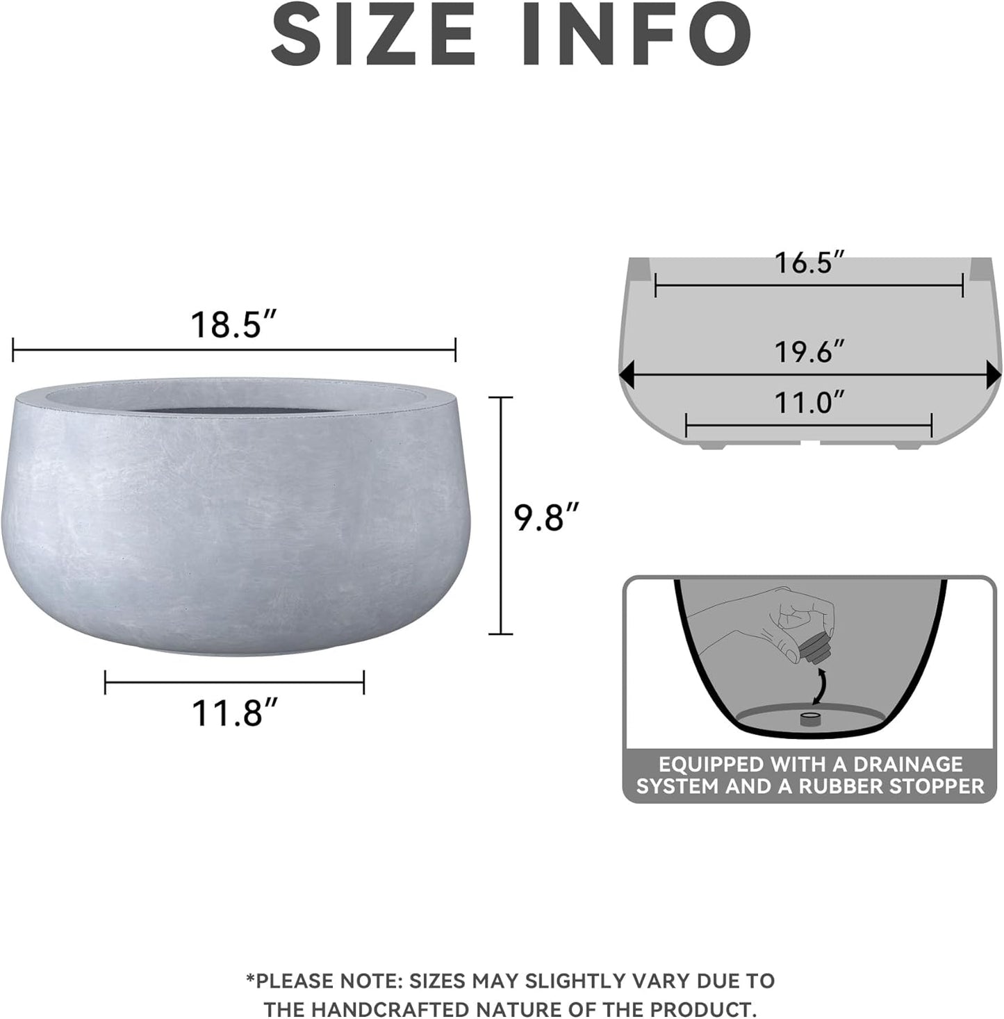 Kante 15.7" Dia Round Concrete Planter, Outdoor Indoor Garden Plant Pots with Drainage Hole and Rubber Plug, Modern Curvaceous Design, Slate Gray