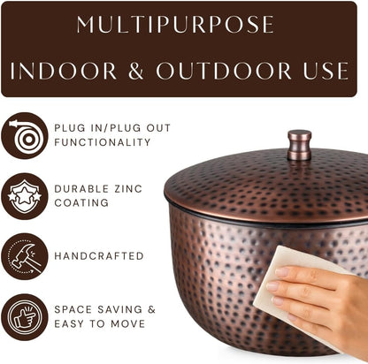 Monarch Abode Garden Hose Holder with Lid – Decorative Water Hose Holders for Outside, Hand Hammered Metal Matte Black Pot with Drainage, 100ft Waterhose Holder for Outside, Garden Storage Caddy