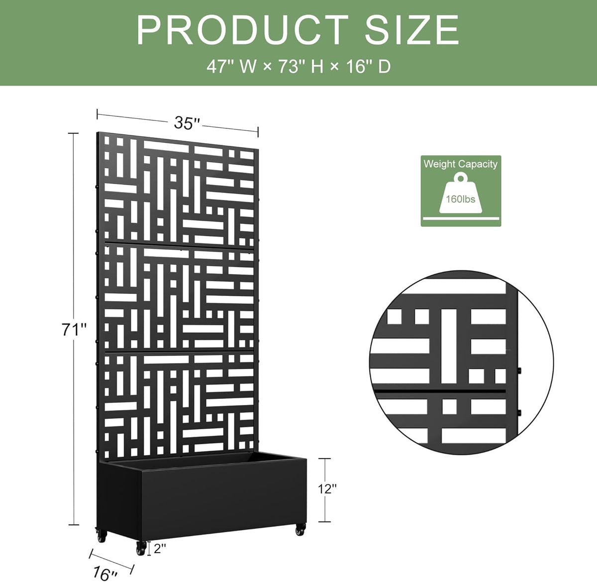 Casaphoria Metal Raised Garden Bed with Trellis and Wheels, 72"x47"x16" Planter Box for Climbing Plants, Vegetables & Vines, Features Drainage Holes and Privacy Screen (Black-Louver) - Colors C