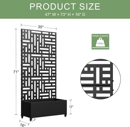 Casaphoria Metal Raised Garden Bed with Trellis and Wheels, 72"x47"x16" Planter Box for Climbing Plants, Vegetables & Vines, Features Drainage Holes and Privacy Screen (Black-Louver) - Colors C