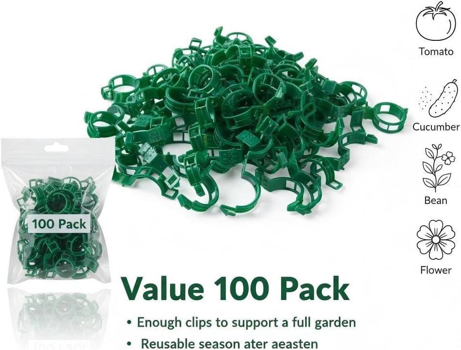 100Pcs Plant Support Clips - Plastic Stem Clips for Climbing Plants, Tomato Vines, Grape Vegetables, Secure & Reusable Garden Clips (Green)