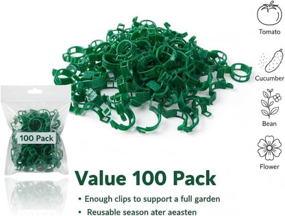 100Pcs Plant Support Clips - Plastic Stem Clips for Climbing Plants, Tomato Vines, Grape Vegetables, Secure & Reusable Garden Clips (Green)