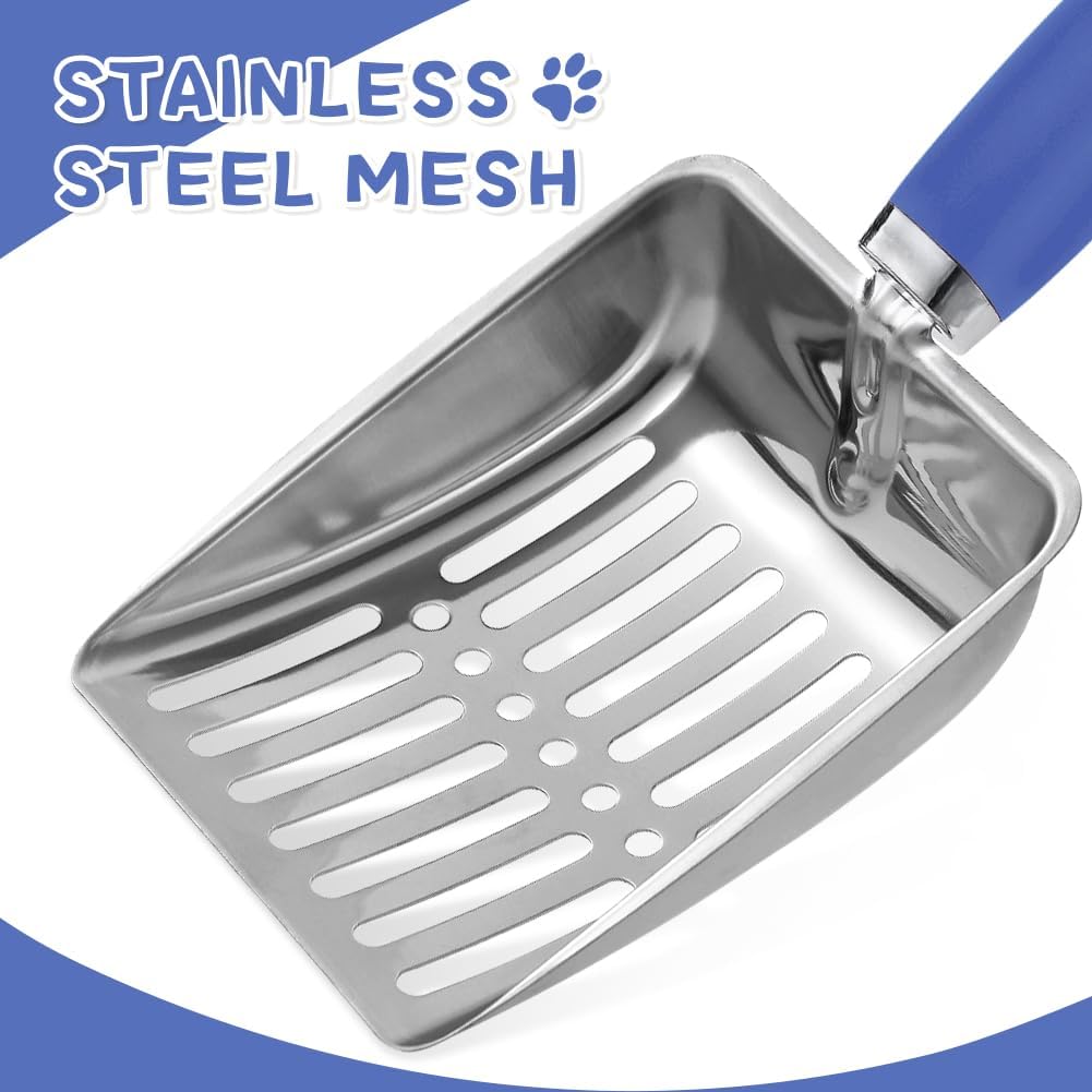 Cat Litter Scoop - Long Handle Scooper, Rustproof Stainless Steel Mesh, Non-Slip Grip, Deep Shovel Sifter for All Litter Types, Easy Clean Kitty Waste Litter for Litter Box(Black)