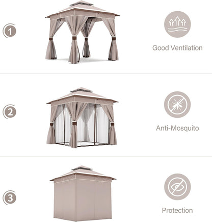 10x20 Gazebo Canopy with 100FT String Lights, Metal Heavy Duty Patio Canopy Tent with Double Roofs, Mosquito Nettings and Privacy Screens for Backyard, Garden, Lawn, Gray