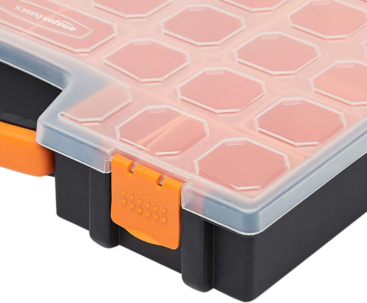 Amazon Basics 19-Removable Compartment Small Parts Organizer, Portable Hardware Storage Box with Customizable Compartments, Black, Orange, 16.5 x 13.2 x 2.4 inches