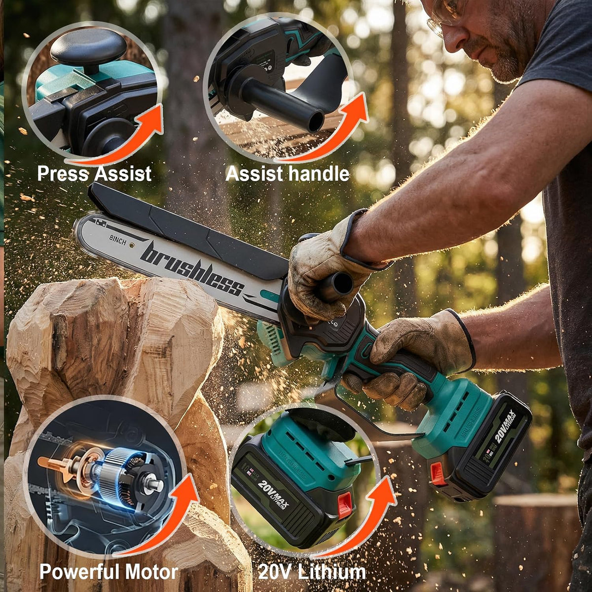 Cordless Mini Chainsaw, 20V MAX 8 inch & 6 inch Powered Handheld Electric Chainsaws,2 Pack Rechargeable Batteries Powered Portable Small Pruning Chain Saw for Tree Pruning Wood Cutting Trimming