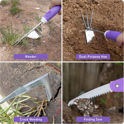 Purple Garden Tool Set Gardening Items for Women - 11PCS Heavy Duty Garden Tools with Detachable Storage Bag, Weeder, Dual-Purpose Hoe