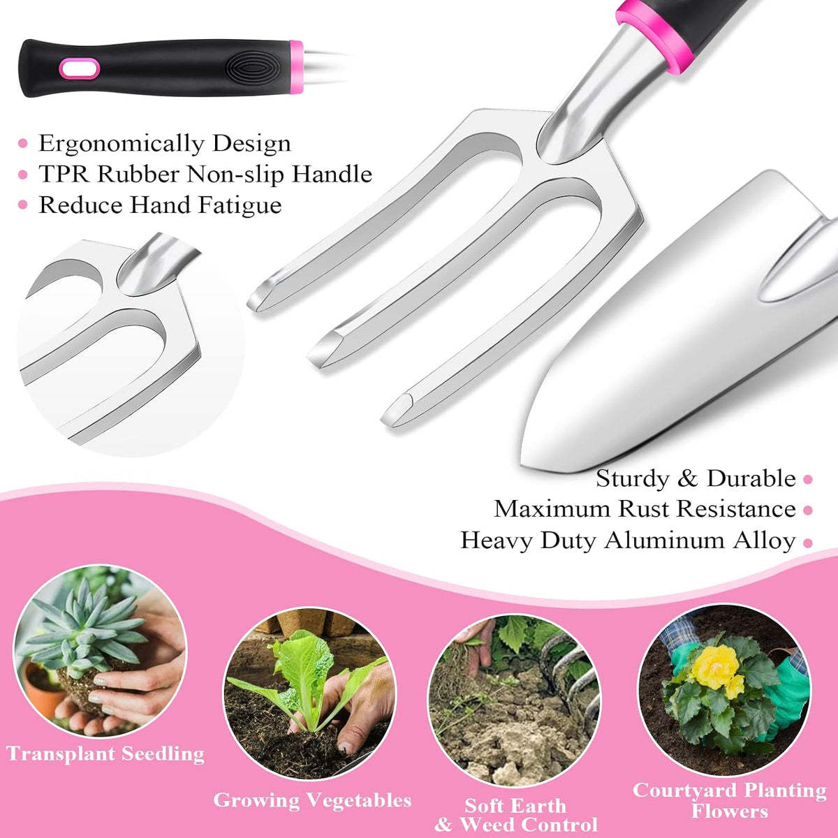 Purple Garden Tool Set Gardening Items for Women - 11PCS Heavy Duty Garden Tools with Detachable Storage Bag, Weeder, Dual-Purpose Hoe